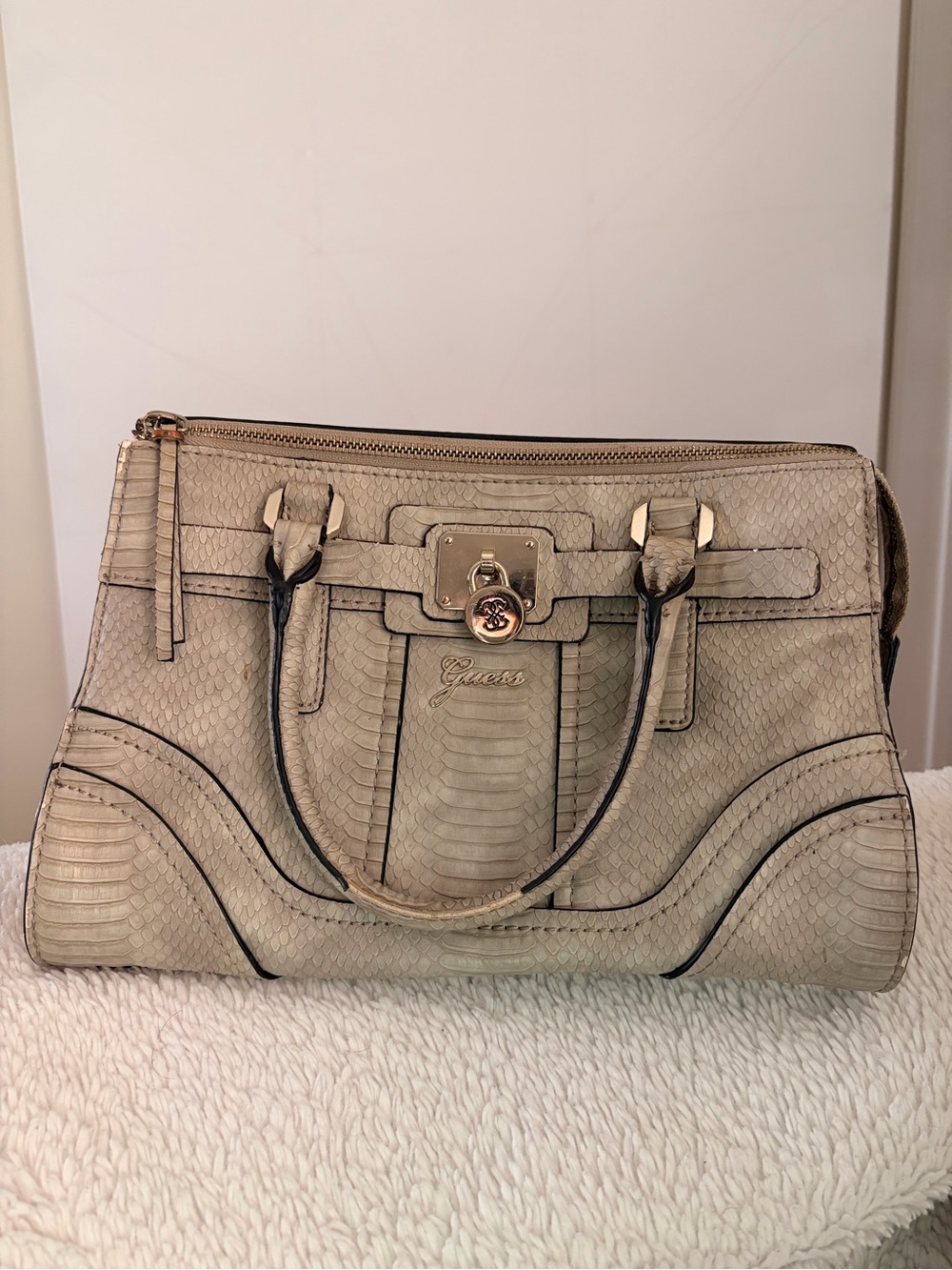 Guess Beige Textured Satchel with Gold Hardware